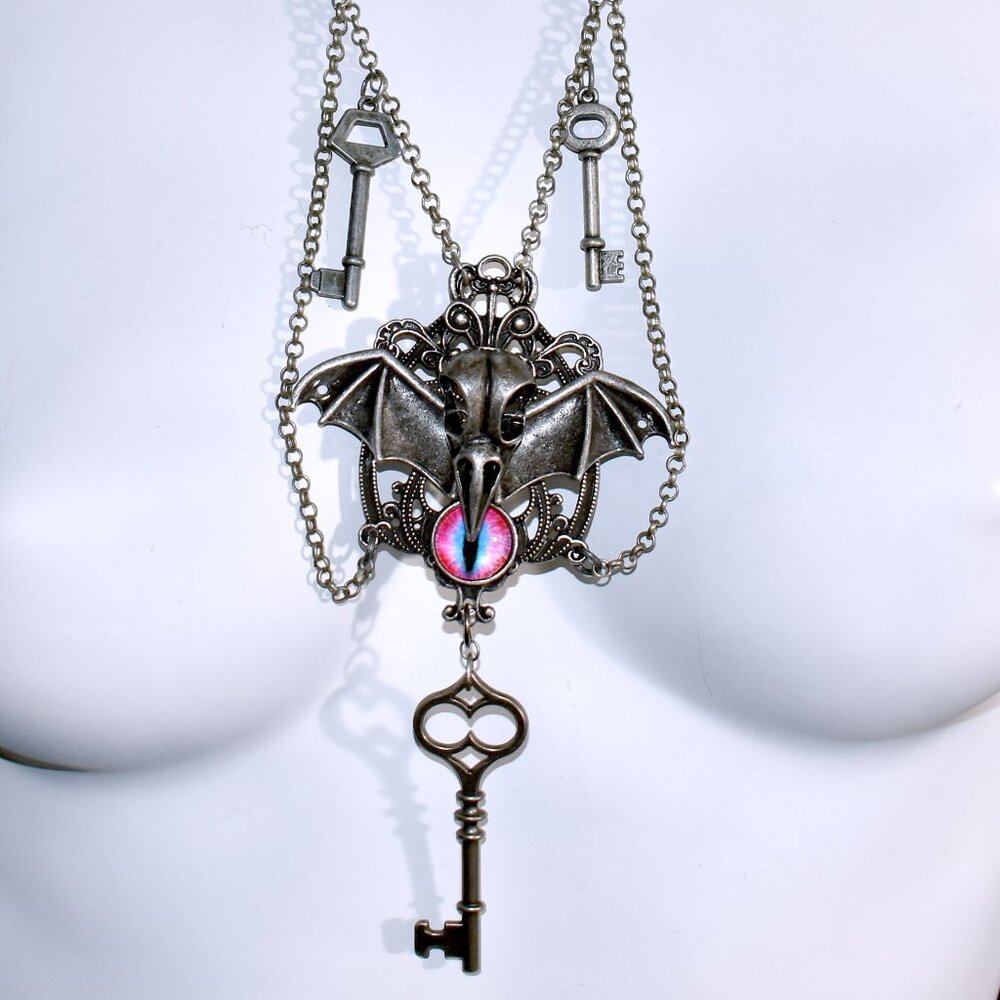 Handmade Gothic Chandelier Necklace with dragon eye, bat wings and bird skull